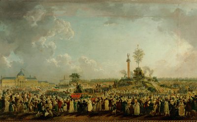 Celebração da Bola Suprema nos Campos de Marte, Paris, 20 de abril do ano 11 ... (óleo sobre tela) de Pierre Antoine (attr. to) Demachy