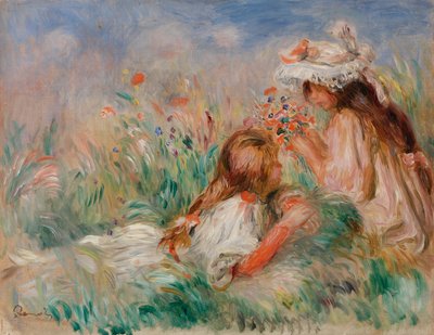 Raparigas na relva a compor um ramo de flores de Pierre-Auguste Renoir