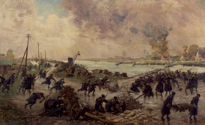 Tropas belgas em combate em Yser, Outubro de 1914, Primeira Guerra Mundial, Bélgica, século XX de Pierre Ernest and Neymark Gustave Ballue