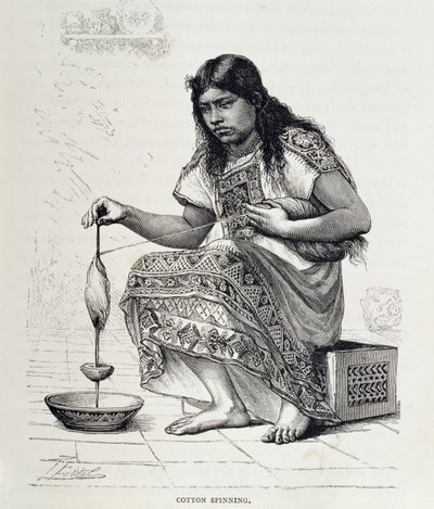 Fiação de algodão, de "The Ancient Cities of the New World", de Claude-Joseph-Desire Charnay, pub. 1887 (gravura) de Pierre (after) Fritel