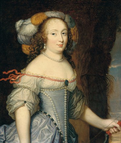 Retrato de Françoise Anthénais de Rochechouart de Mortemart, marquesa de Montespan (1640-1707), meio-comprimento, como Diana, usando um cocar de penas e segurando um laço na mão esquerda (óleo sobre tela) de Pierre (circle of) Mignard