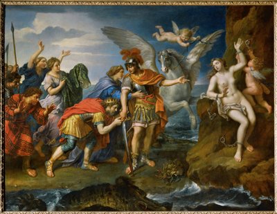 A rainha e o rei da Etiópia agradecem a Perseu a libertação da sua filha Andrómeda ... de Pierre (follower of) Mignard