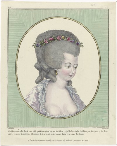 Coiffures, Poufs, Chapéus e Bonés: Onze Coiffures e Headdresses
Gallerie des Modes et Costumes Français, 1781, oo 218 : Coëffure nouvelle le devant (...) de Pierre Adrien Le Beau
