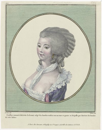 Gallerie des Modes et Costumes Français, 1781, oo 221: Coeffure com o nome do levita (...) de Pierre Adrien Le Beau