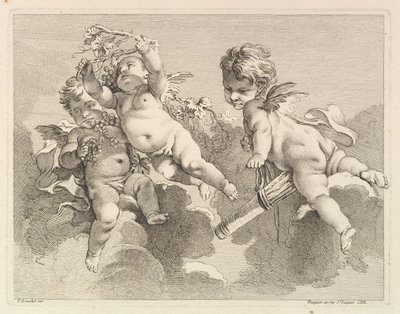 Três amores, um segurando uma aljava, o outro, uvas, 1727-60. de Pierre Alexandre Aveline