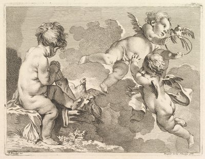 Três amores, um dos quais está sentado, segurando uma aljava, 1727-60. de Pierre Alexandre Aveline