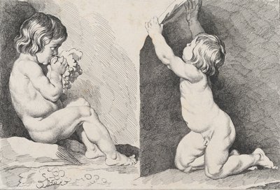 Duas crianças nuas comendo uvas, de New Book of Children, 1720-60. de Pierre Alexandre Aveline