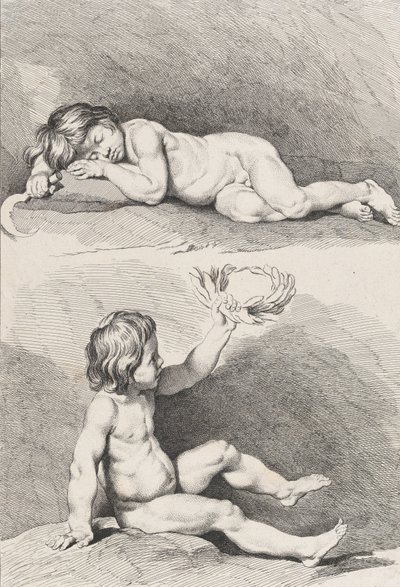 Duas crianças nuas, uma dormindo e a outra segurando uma coroa de flores, de New Book of Childr..., 1720-60. de Pierre Alexandre Aveline