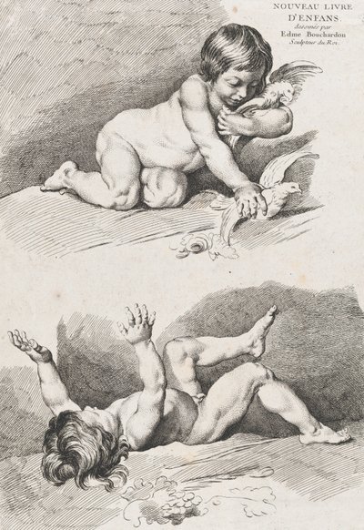 Duas crianças nuas brincando com uma folha, de New Book of Children, 1720-60. de Pierre Alexandre Aveline