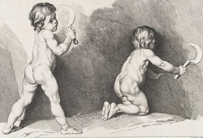 Duas crianças nuas em pé, do New Book of Children, 1720-60. de Pierre Alexandre Aveline