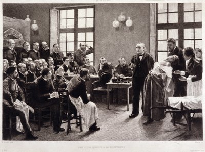 Uma palestra clínica do Dr. Charcot no Salpetriere, em 1887. Alunos do departamento do Professor Jean Martin Charcot que explica o caso de Blanche Wittman, sua paciente e porquinho-da-índia, prefere a sua pesquisa sobre histeria. Ele foi assistente de Jo de Pierre Andre (after) Brouillet
