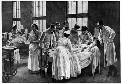A Croup no Hospital Trousseau, de Andre Brouillet - A Croup Curada pelo Doutor Roux, gravada por E. Buval (cor litho), Brouillet, Pierre Andre (1857-c.1920) (depois)/Musee de la Ville de Paris, Musee Carnavalet, Paris, França de Pierre Andre (after) Brouillet