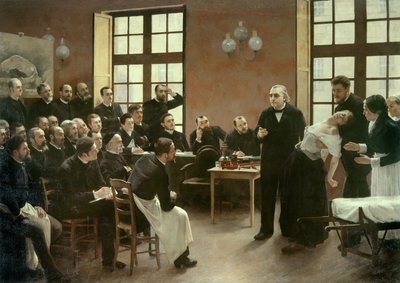 Uma palestra clínica do Dr. Charcot no Salpetriere, em 1887. Alunos do departamento do Professor Jean Martin Charcot (1825-1893) que explica o caso de Blanche Wittman, sua paciente e porquinho-da-índia, prefere a sua pesquisa sobre histeria. Ele foi um ass de Pierre Andre Brouillet