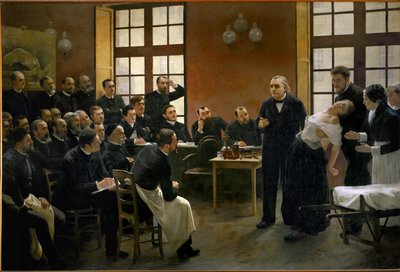 Lição de histeria de Jean Martin Charcot, pioneiro da neurologia, no hospital la Salpetriere (óleo sobre tela) de Pierre Andre Brouillet