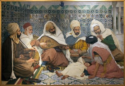 Exorcismo: Músicos árabes perseguindo gênios do corpo de uma criança. Pintura de André Brouillet (1857-1914), Oil On Canvas de Pierre Andre Brouillet