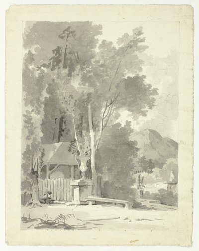 Urna clássica em frente a um telheiro, com um templo e uma montanha em fundo de Pierre Antoine Mongin