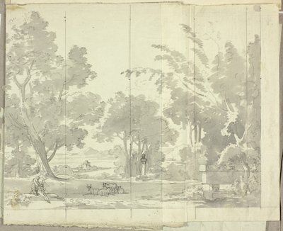 Paisagem de fantasia com ruínas e figuras de Pierre Antoine Mongin