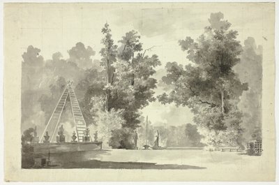 Vista do parque de Versalhes: Arco de escadas com plantas; estatuária de Pierre Antoine Mongin