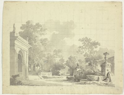 Vista do parque de Versalhes: Entrada em arco para um terraço, urnas e estatuária em ruínas de Pierre Antoine Mongin
