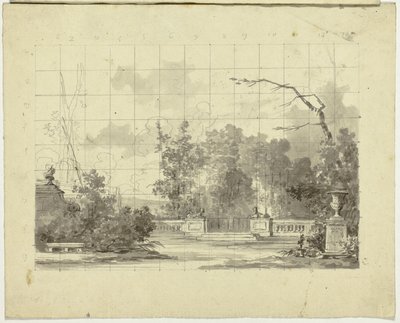 Vista do parque de Versalhes: Balaustrada com Urna de Duas Esfinges de Pierre Antoine Mongin