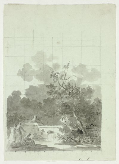 Vista do parque de Versalhes: Pesca no lago perto de um bosque de árvores de Pierre Antoine Mongin
