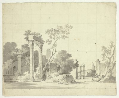 Vista do parque de Versalhes: Colunas em ruínas e um portão de ferro aberto de Pierre Antoine Mongin