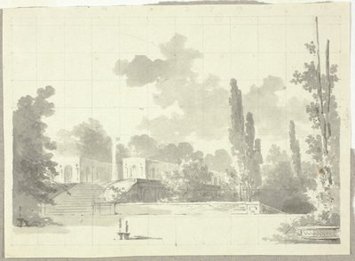 Vista do parque de Versalhes: Escada para o terraço com templo e coluna de Pierre Antoine Mongin