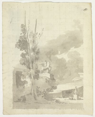 Vista do parque de Versalhes: Terraço, árvores e estátua equestre de Pierre Antoine Mongin