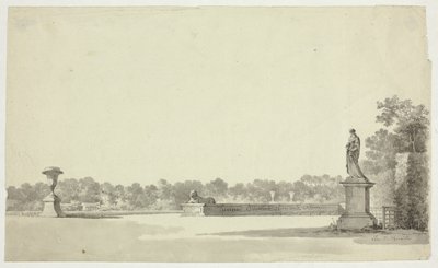 Vista do parque de Versalhes: Terraço com Urna, Esfinge e Estátua Feminina de Pierre Antoine Mongin