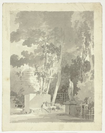 Vista do parque de Versalhes: Duas figuras num banco numa clareira, estátua feminina perto de Pierre Antoine Mongin