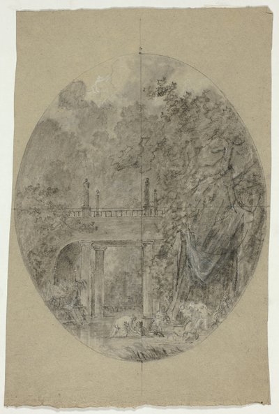 Vista do parque de Versalhes: Mulheres a banharem-se debaixo de uma ponte de Pierre Antoine Mongin