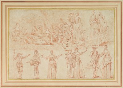 Dois fetes galantes e estudos de figuras individuais e pares (giz vermelho sobre papel) de Pierre Antoine Quillard