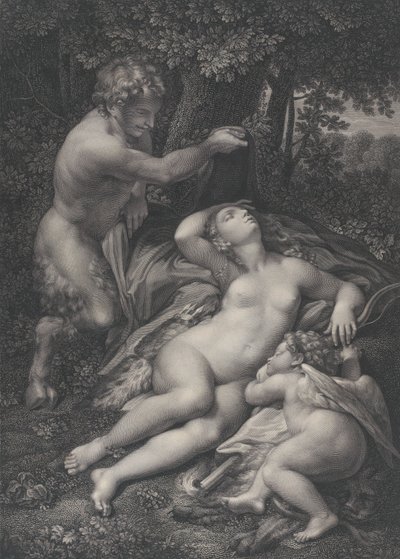 Um sátiro descobrindo a Vênus adormecida, com Cupido deitado ao seu lado, 1801. de Pierre Audouin