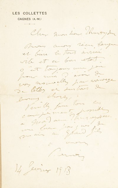Carta de autógrafos assinada ao Dr. Fritz Thurneyssen, Paris e Les Collettes, 24 de junho de 1908 de Pierre Auguste Renoir