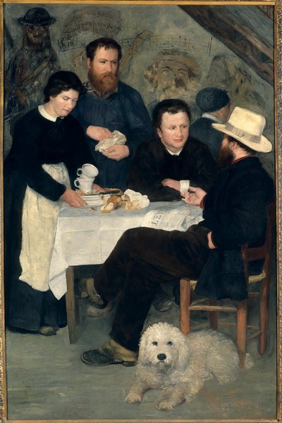 Chez la Mere Antony a Marlotte (Bourron-Marlotte (77)): Claude Monet, Alfred Sisley e Charles Le Coeur ao redor da mesa com Mere Anthony, Pintura de Pierre Auguste Renoir (1841-1919) de Pierre Auguste Renoir