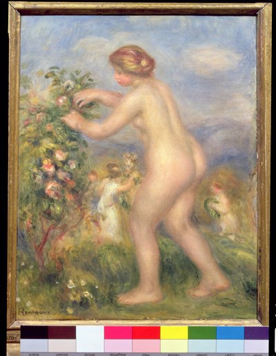 Feminino nu colhendo flores de Pierre-Auguste Renoir