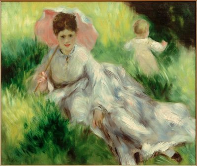 Mulher com guarda-sol e criança na encosta ensolarada de Pierre Auguste Renoir