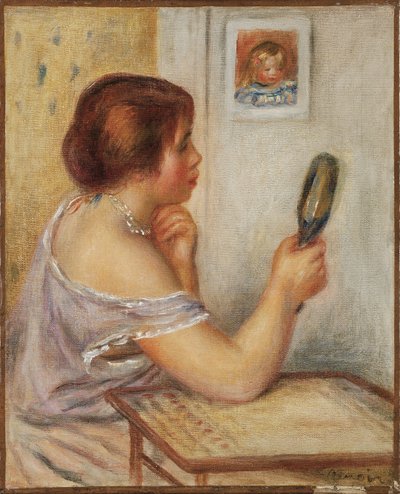 Gabrielle segurando um espelho ou Marie Dupuis segurando um espelho com um retrato de Coco, início do século XX de Pierre Auguste Renoir