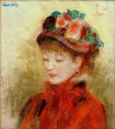 Jovem mulher com um chapéu com flores de Pierre Auguste Renoir