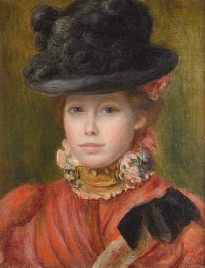 Jeune fille au chapeau noir et fleur rouge - Menina de chapéu preto com flores vermelhas de Renoir, Pierre Auguste (1841-1919), c. 1890 - Óleo sobre tela - Coleção Particular de Pierre Auguste Renoir