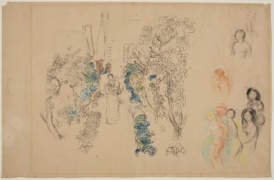 Paisagem e Figuras (lápis, tinta, wc e giz de cera no papel) de Pierre Auguste Renoir