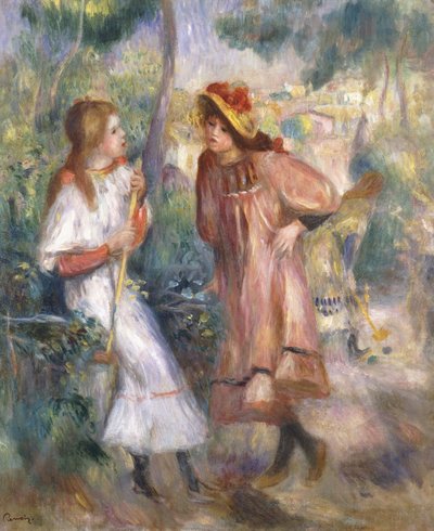 Duas meninas no jardim em Montmartre; Duas meninas no jardim de Montmartre, 1895 de Pierre Auguste Renoir