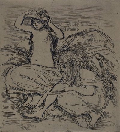 Duas Mulheres a Tomar Banho, c.1895 (água-forte sobre papel de trama castanho) de Pierre Auguste Renoir