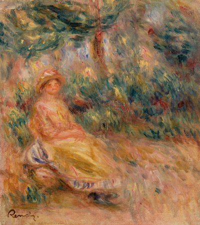 Mulher em Rosa e Amarelo numa Paisagem de Pierre Auguste Renoir