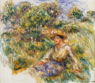 Mulher com um chapéu azul, sentado na grama; Mulher de azul no chapéu, sentado na grama, c.1916 de Pierre Auguste Renoir