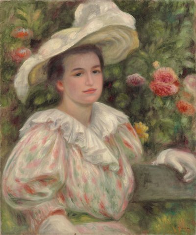 Moça entre flores ou mulher com chapéu branco; Menina em flores de ouro Mulher de chapéu branco, c.1895 de Pierre Auguste Renoir