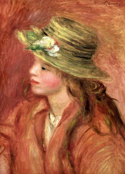 Moça em um chapéu de palha, c.1908 de Pierre Auguste Renoir