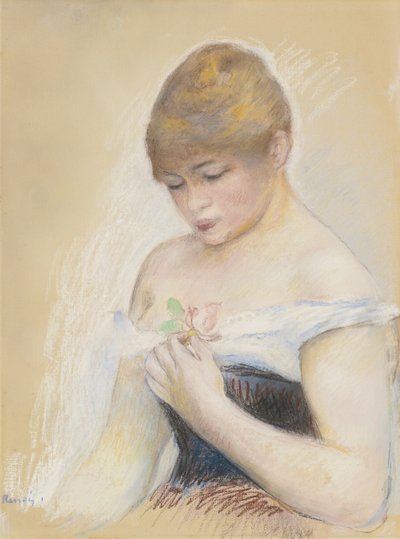 Jovem mulher segurando uma flor. Retrato da atriz Jeanne Samary, c. 1880 de Pierre Auguste Renoir