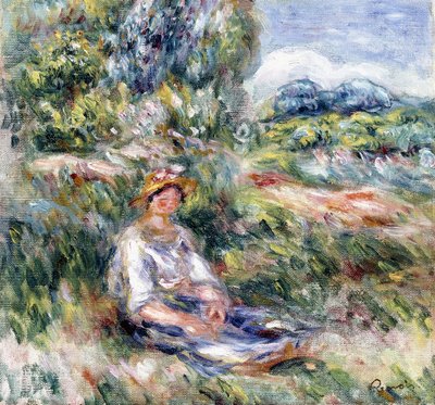 Jovem mulher sentada em um prado, de Pierre Auguste Renoir