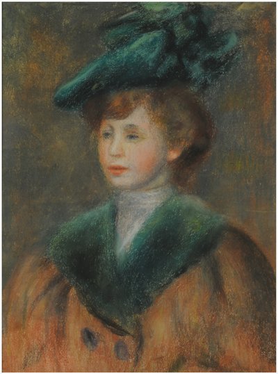 Jovem com um chapéu verde (pastel sobre papel) de Pierre Auguste Renoir